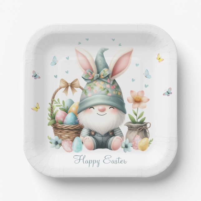 Assiettes En Carton Aquarelle Gnome de Pâques personnalisée (Recto)