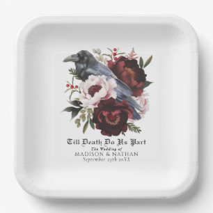Assiettes En Carton Aquarelle gothique romantique Corbeau Mariage flor
