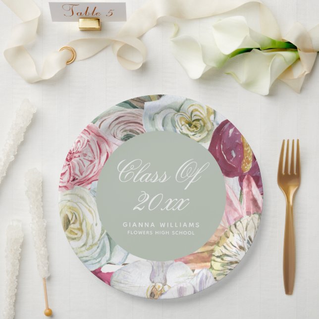 Assiettes En Carton Aquarelle Grad Floral Élégant Graduation Moderne (Mariage)