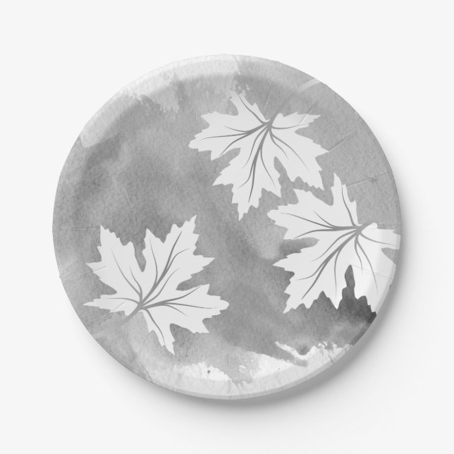 Assiettes En Carton Aquarelle gris moderne et feuilles d'érable (Devant)