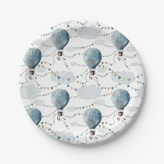 Assiettes En Carton Aquarelle Hot Air Balloon Blanc // Anniversaire de