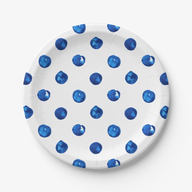 Assiettes En Carton Aquarelle indigo bleu pois motif (Devant)