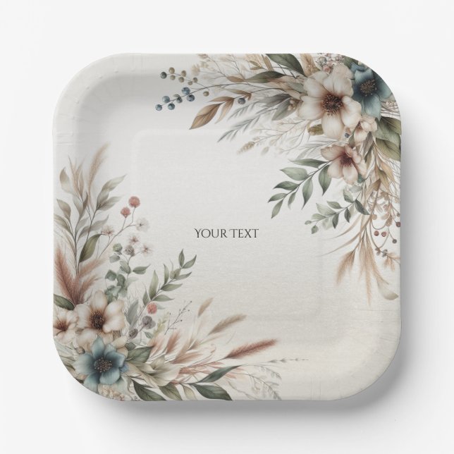 Assiettes En Carton Aquarelle Ivoire Bleu Fleurs Plaque de papier (Recto)