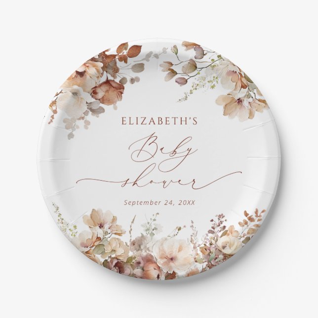 Assiettes En Carton Aquarelle Jardin Boho Baby shower Floral (Devant)