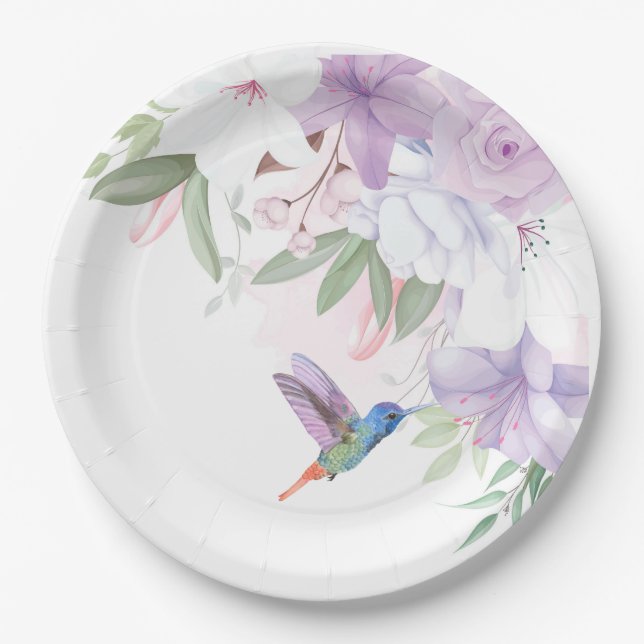 Assiettes En Carton Aquarelle Jardin Fleurs Hummingbird Bird Merci (Devant)