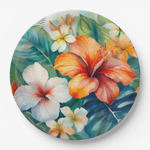 Assiettes En Carton Aquarelle Jardin hawaïen Hibiscus tropical