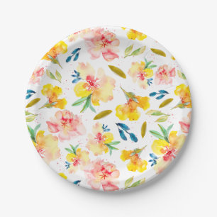 Assiettes En Carton Aquarelle jaune et rose chaude Florale