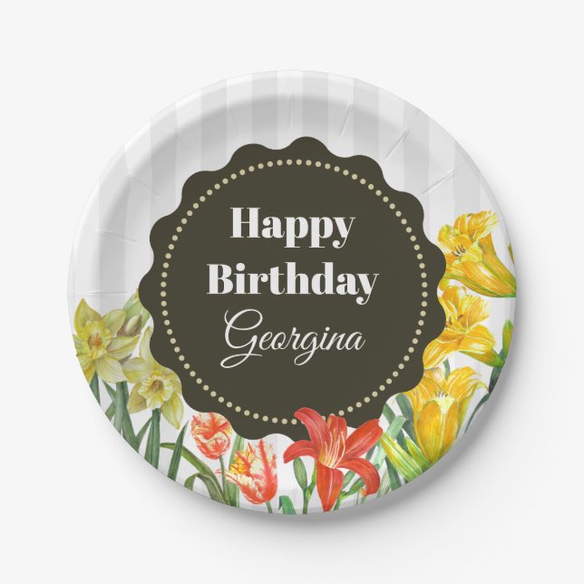 Assiettes En Carton Aquarelle Jaune Orange Fleurs de printemps (Devant)