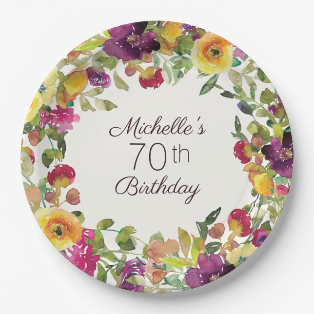 Assiettes En Carton Aquarelle jaune pourpre Floral 70e anniversaire (Devant)
