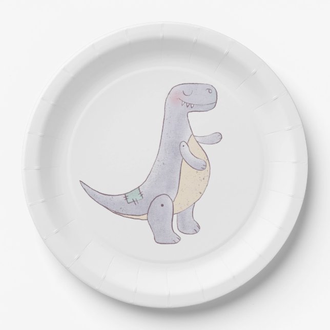 Assiettes En Carton Aquarelle Jouet Dinosaure Gris Cute (Devant)