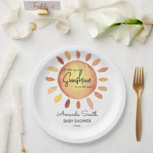 Assiettes En Carton Aquarelle Joyeux Baby shower Jaune Soleil