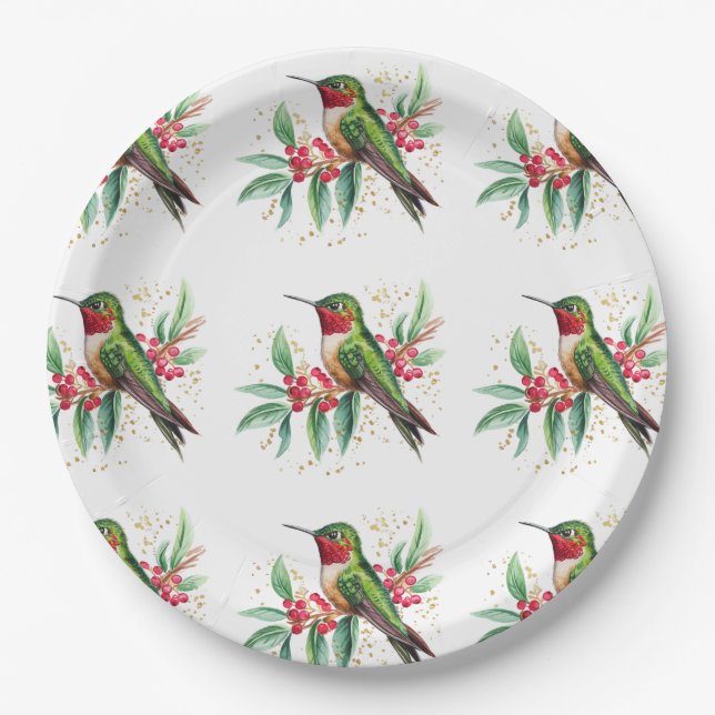 Assiettes En Carton Aquarelle Joyeux colibri de Noël (Devant)