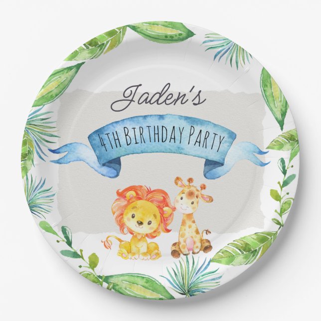 Assiettes En Carton Aquarelle Jungle Lion et Giraffe Anniversaire (Devant)