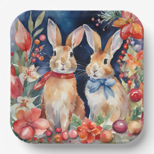 Assiettes En Carton Aquarelle Lapins de Noël Or rouge Floral