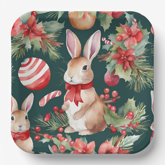 Assiettes En Carton Aquarelle Lapins de Noël Rouge Vert Floral (Recto)