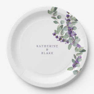 Assiettes En Carton Aquarelle Lavande & Eucalyptus Names Mariage