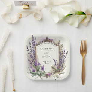 Assiettes En Carton Aquarelle Lavande Regal Monogramme Mariage
