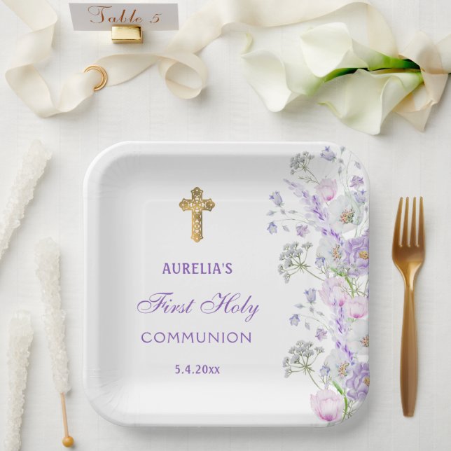 Assiettes En Carton Aquarelle Lilac Fleurs Première communion (Mariage)