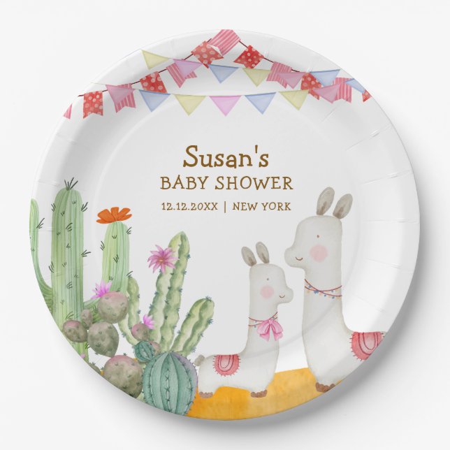 Assiettes En Carton Aquarelle Llama Desert Cactus Fiesta Baby shower (Devant)