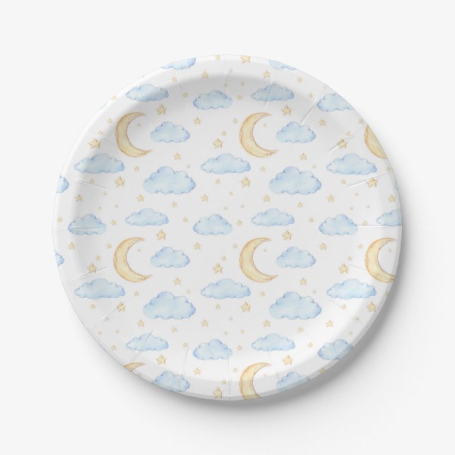 Assiettes En Carton Aquarelle Lune étoiles et nuages Motif (Devant)