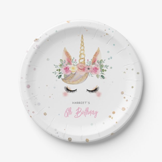 Assiettes En Carton Aquarelle Magique Unicorn Visage Anniversaire (Devant)