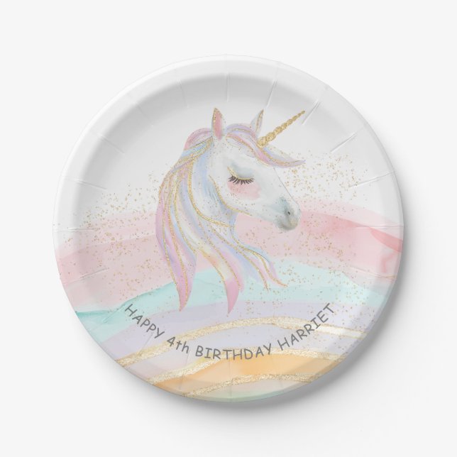 Assiettes En Carton Aquarelle magique Unicorne Anniversaire (Devant)
