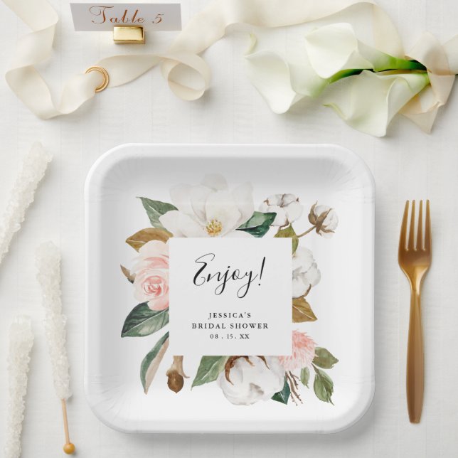 Assiettes En Carton Aquarelle Magnolia & Fête des mariées Blush (Mariage)