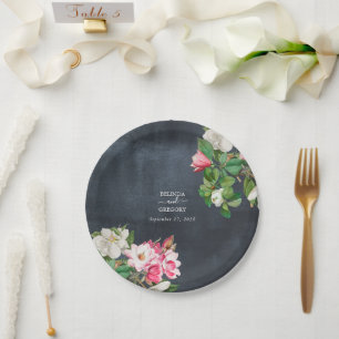 Assiettes En Carton Aquarelle Magnolia Fleurs Mariage Noir Blanc