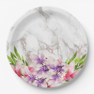 Assiettes En Carton Aquarelle Magnolias, Faux Marble Texture