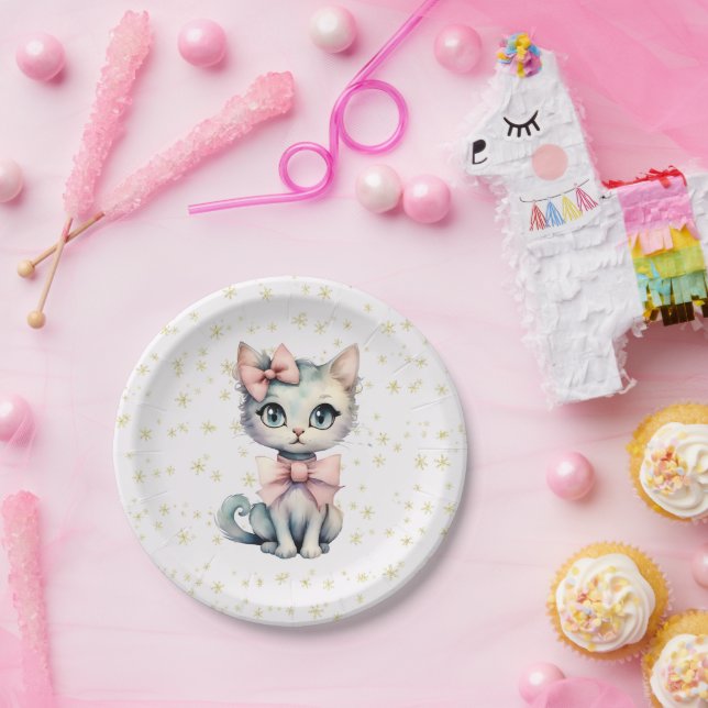 Assiettes En Carton Aquarelle Main Tirée Kitty Avec Deux Vaches Roses (Fête)