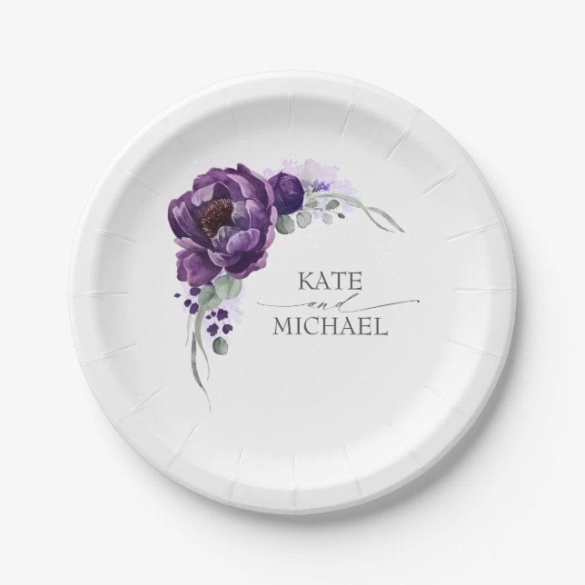 Assiettes En Carton Aquarelle Mariage de fleurs violettes foncées prof (Devant)