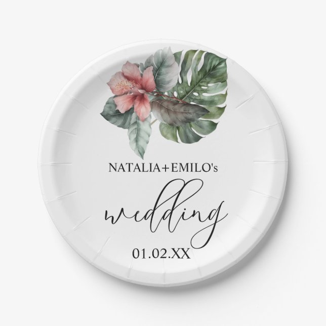 Assiettes En Carton Aquarelle Mariage floral feuille Monstera (Devant)
