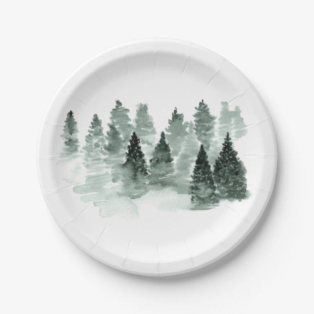 Assiettes En Carton Aquarelle Mariage vert et blanc (Devant)
