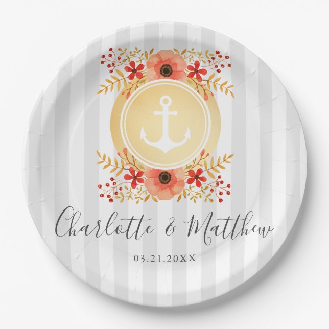Assiettes En Carton Aquarelle marine Floral Gold Ancre Mariage (Devant)