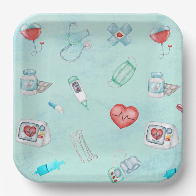 Assiettes En Carton Aquarelle Médicale Docteur Infirmière Thème (Recto)
