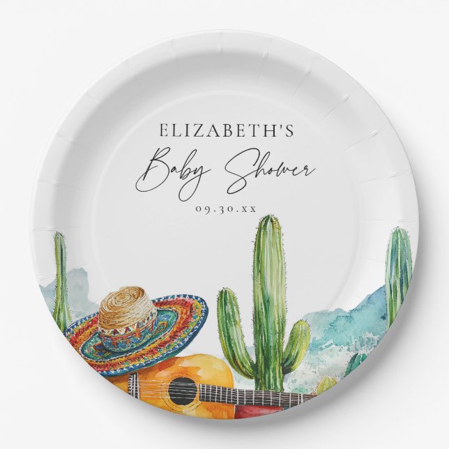 Assiettes En Carton Aquarelle mexicaine Cactus Fiesta Baby shower (Devant)