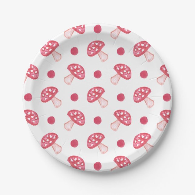 Assiettes En Carton aquarelle mignon champignons rouges et pois (Devant)