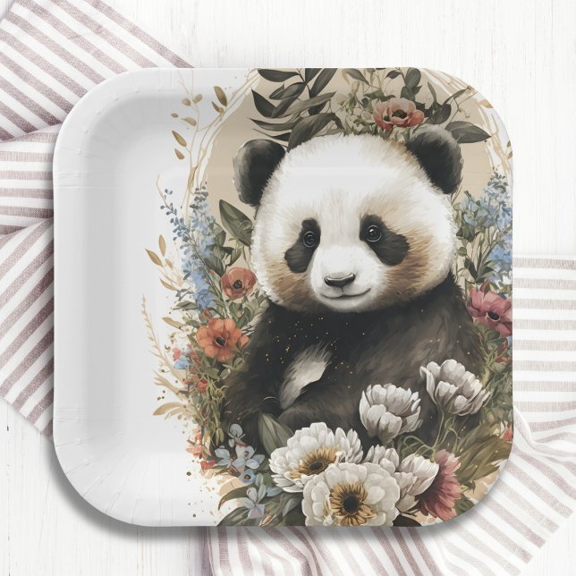 Assiettes En Carton Aquarelle mignonne Fleur sauvage Panda Ours Annive (Créateur téléchargé)