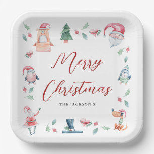 Assiettes En Carton Aquarelle mignonne Joyeux Noël personnalisé