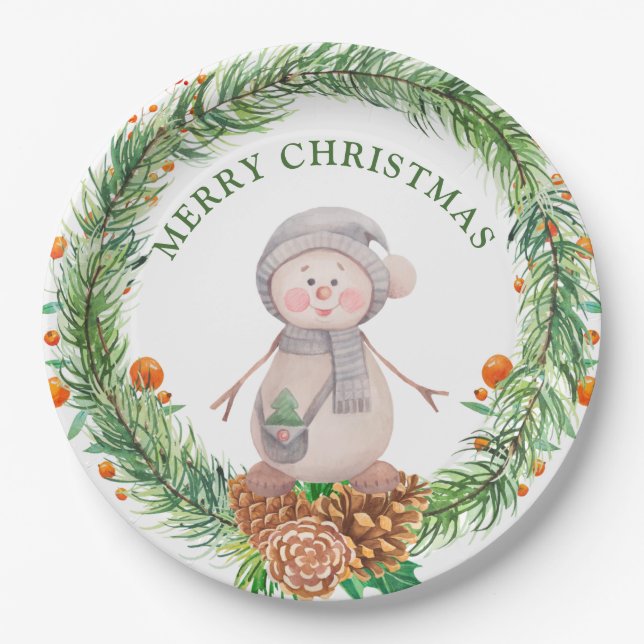 Assiettes En Carton Aquarelle mignonne Snowman (Devant)