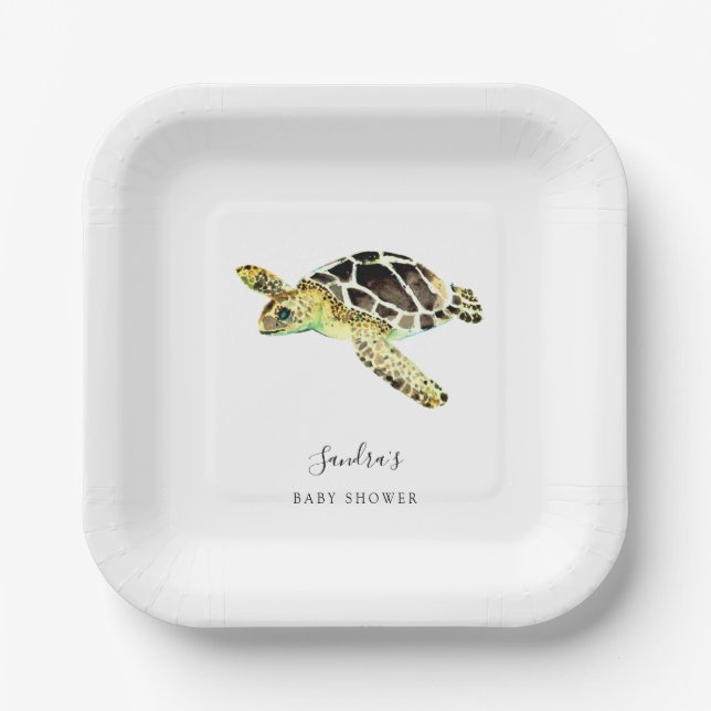 Assiettes En Carton Aquarelle minimale du Baby shower de tortue de mer (Recto)