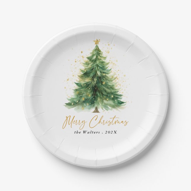 Assiettes En Carton Aquarelle moderne Arbre de Noël Non photo (Devant)