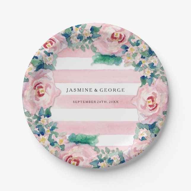 Assiettes En Carton Aquarelle MODERNE Chic Large Stripes avec Rose (Devant)