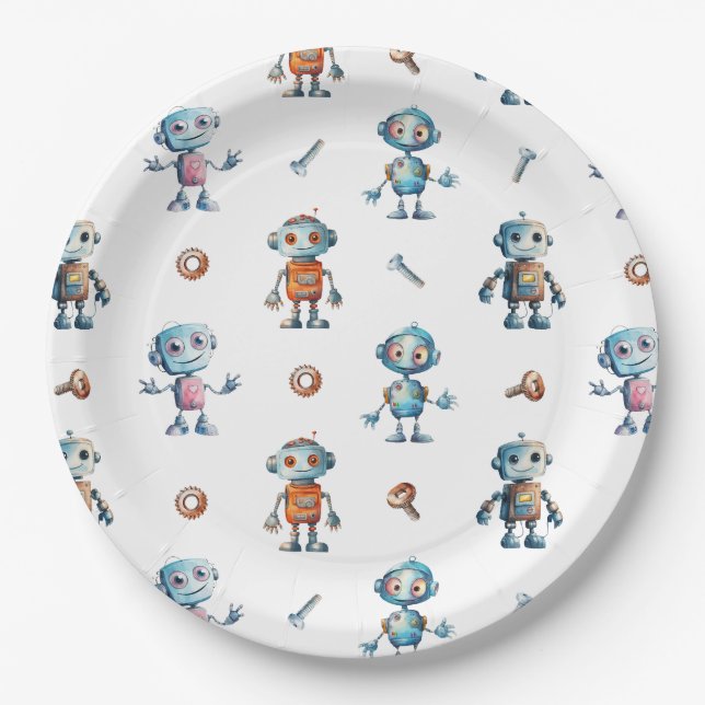 Assiettes En Carton Aquarelle moderne Cute Robot Kids (Devant)