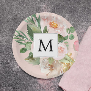 Assiettes En Carton Aquarelle moderne Fleurs roses Monogrammes