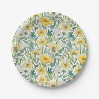 Assiettes En Carton Aquarelle moderne Jaune Dandelions Motif Floral