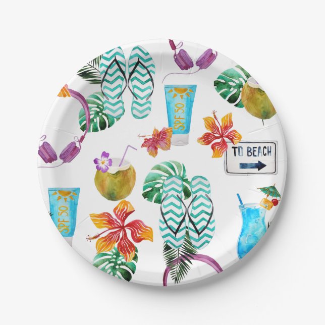 Assiettes En Carton Aquarelle moderne Motif de plage Tropical (Devant)