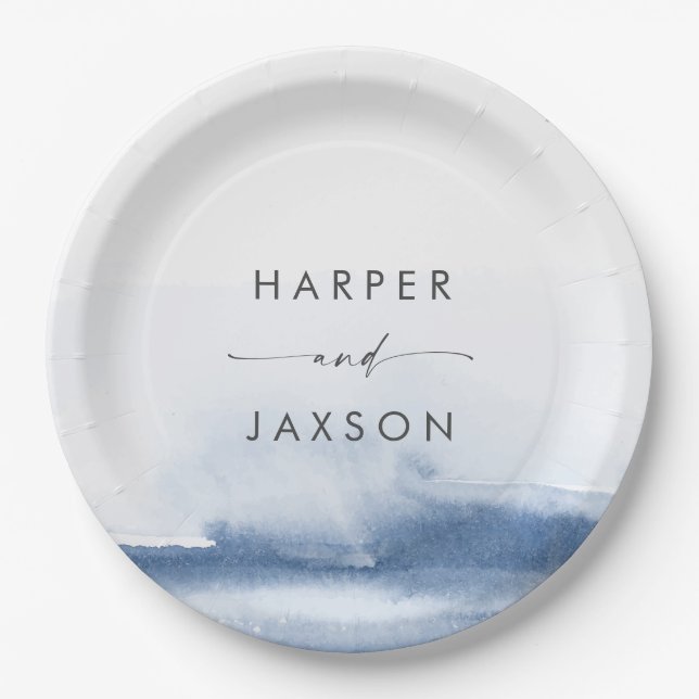 Assiettes En Carton Aquarelle moderne | Plaque de papier Mariage bleu (Devant)