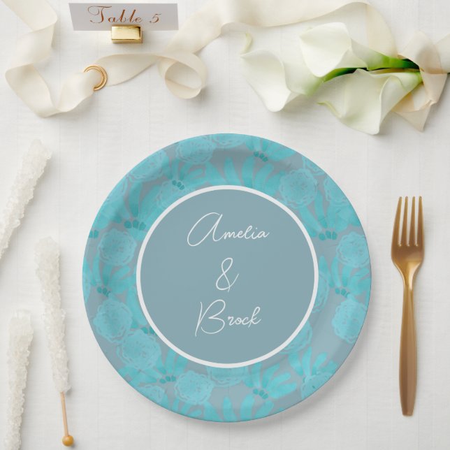 Assiettes En Carton Aquarelle moderne Turquoise bleu Floral Design Mar (Mariage)