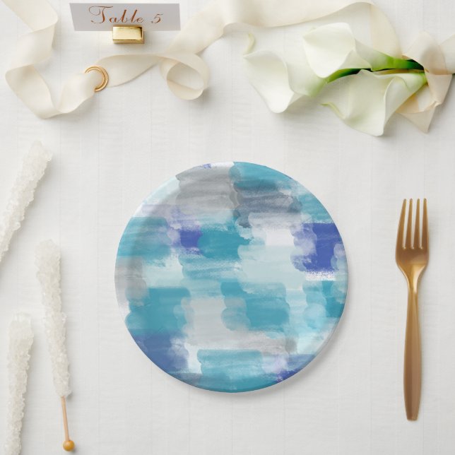 Assiettes En Carton Aquarelle moderne turquoise et gris Art Abstrait (Mariage)